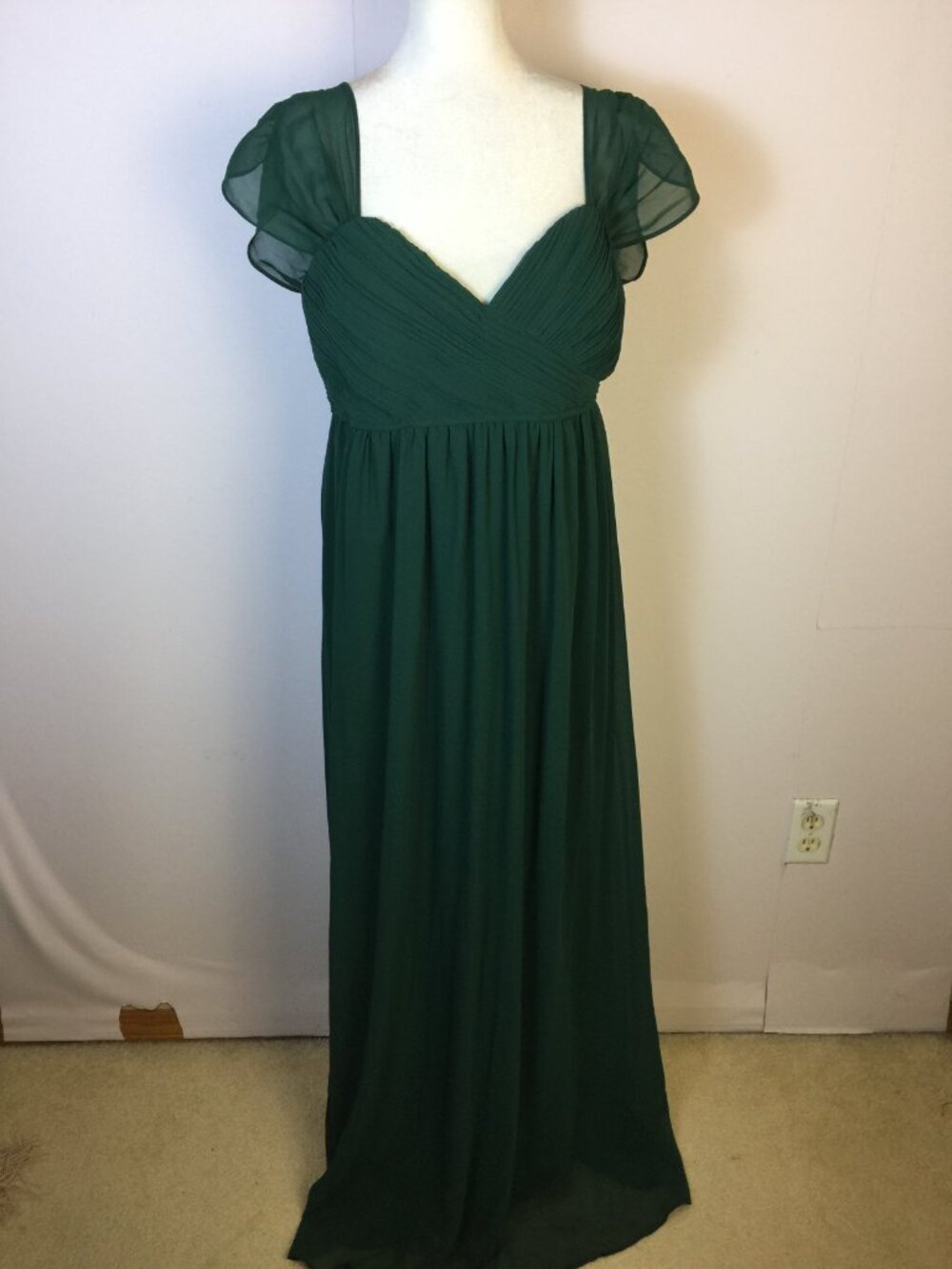 Maniju Maxi Dress Size L Womans Green Chiffon Empire Waist Flutter Cap Sleeves